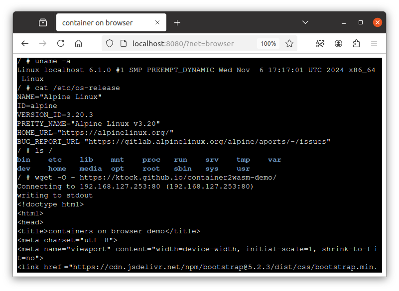 Container on browser