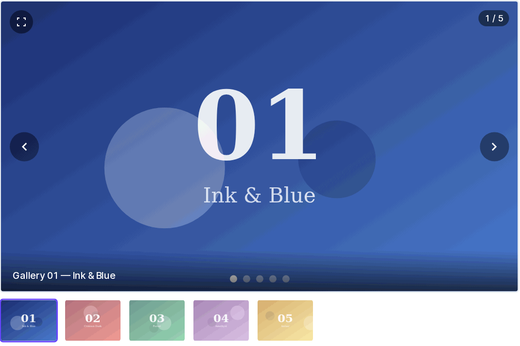 The gallery field: counter, navigation arrows, dot indicators, caption, and the thumbnail strip