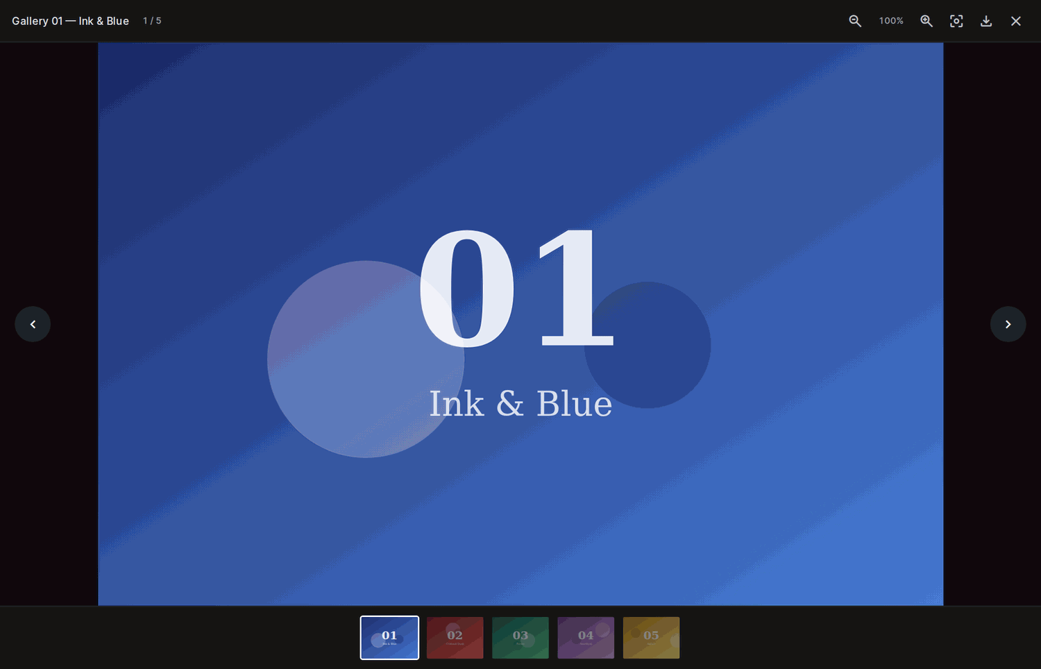 The full-screen lightbox with title, zoom controls, navigation arrows, and thumbnail rail