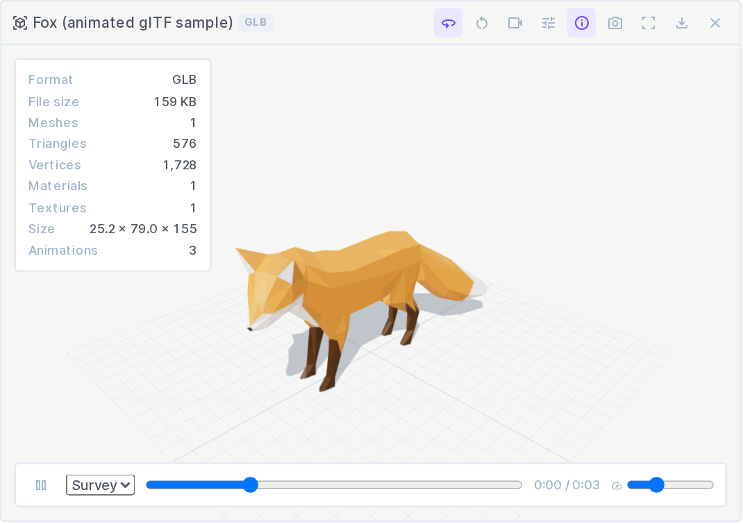 An animated glTF playing, with the animation bar and three detected clips