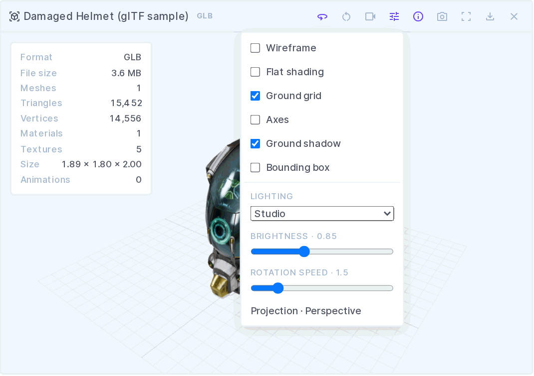 The display options panel: wireframe, flat shading, grid, axes, shadow, bounding box, lighting, brightness, rotation speed, and projection