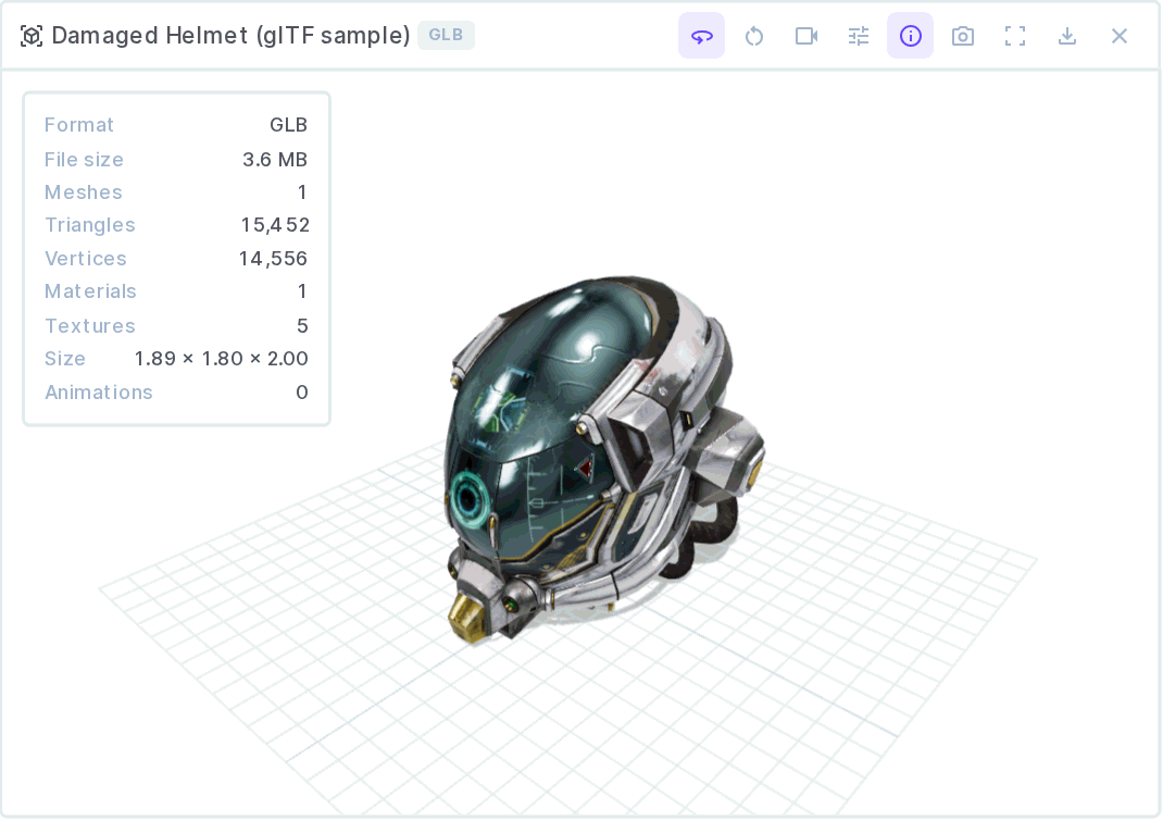 A textured GLB rendered in the field, with the toolbar, ground shadow, grid, and model info panel