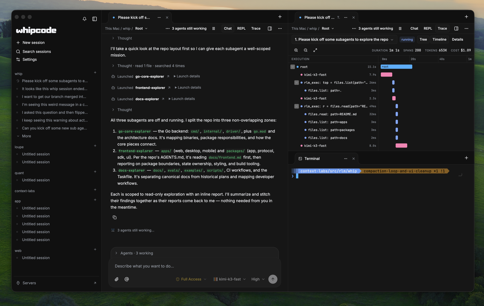 WhipCode Desktop with a conversation, three working subagents, and an execution trace timeline side by side