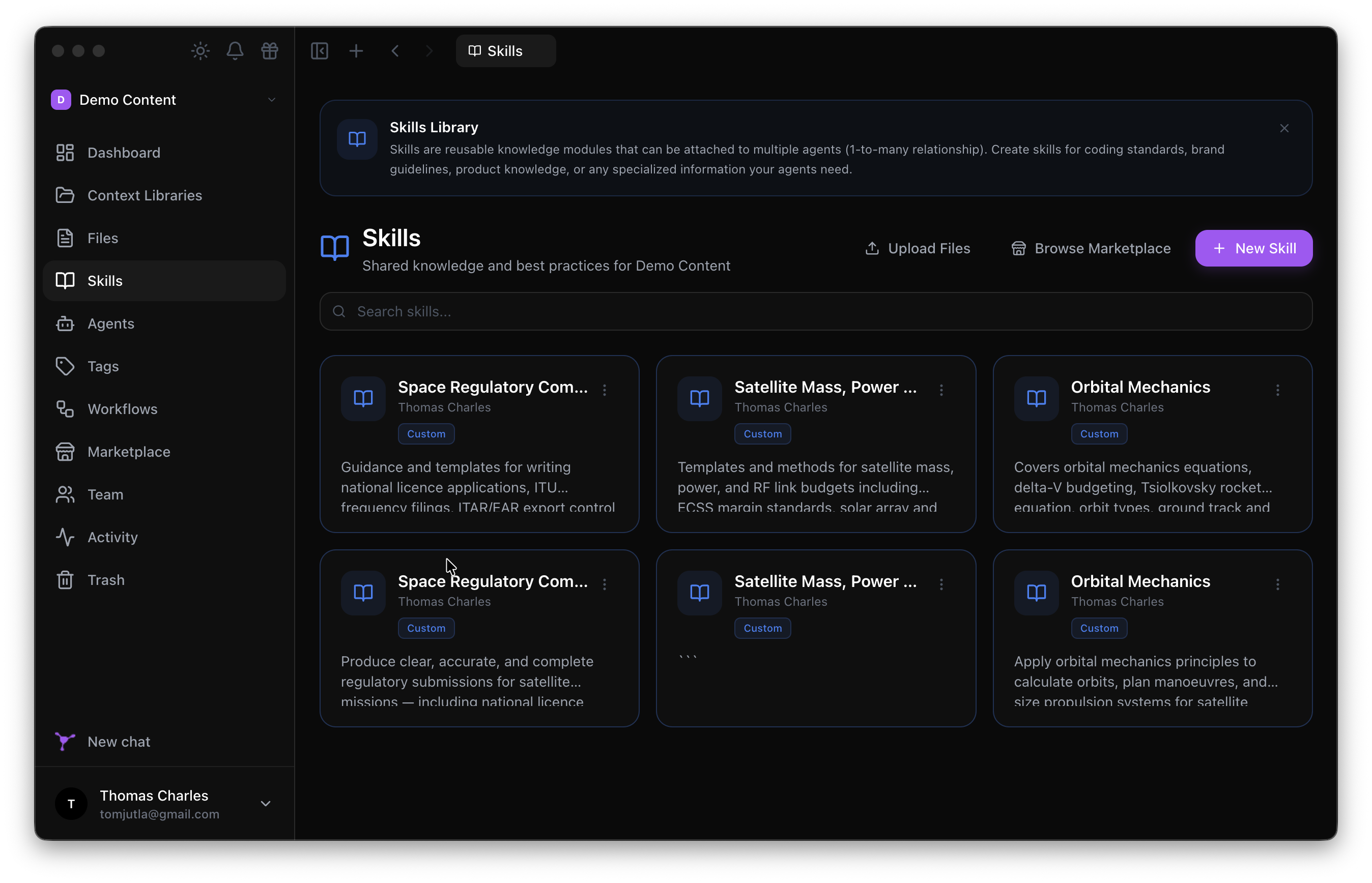 Contextium Desktop showing created skills