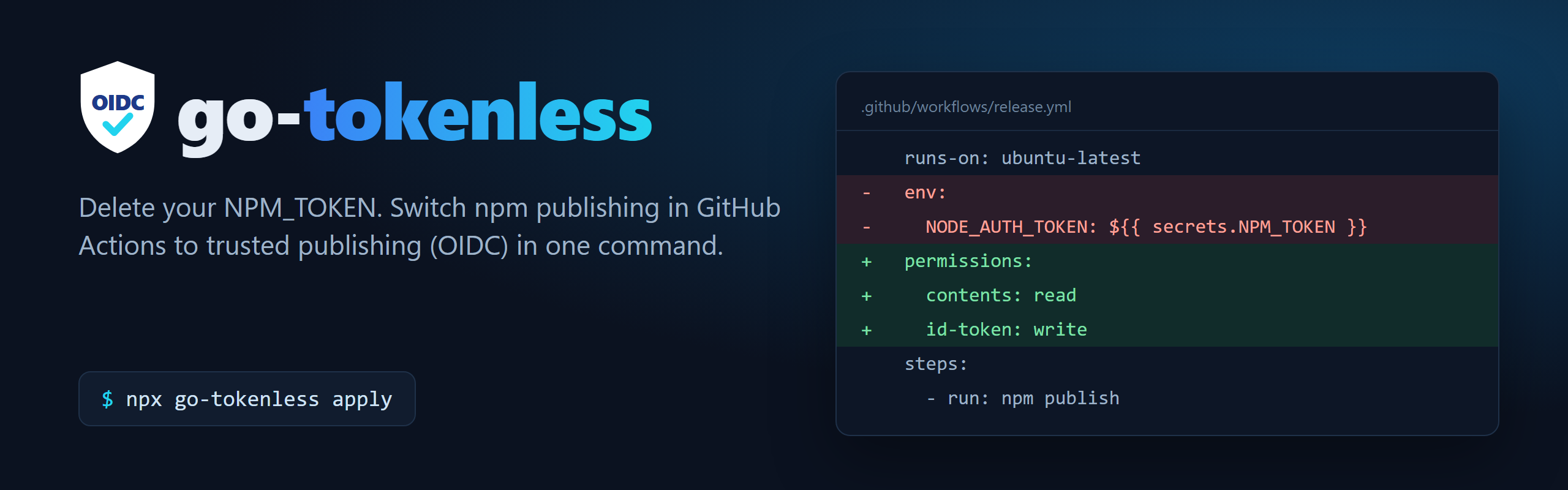 go-tokenless: removes NODE_AUTH_TOKEN from a release workflow and adds id-token: write