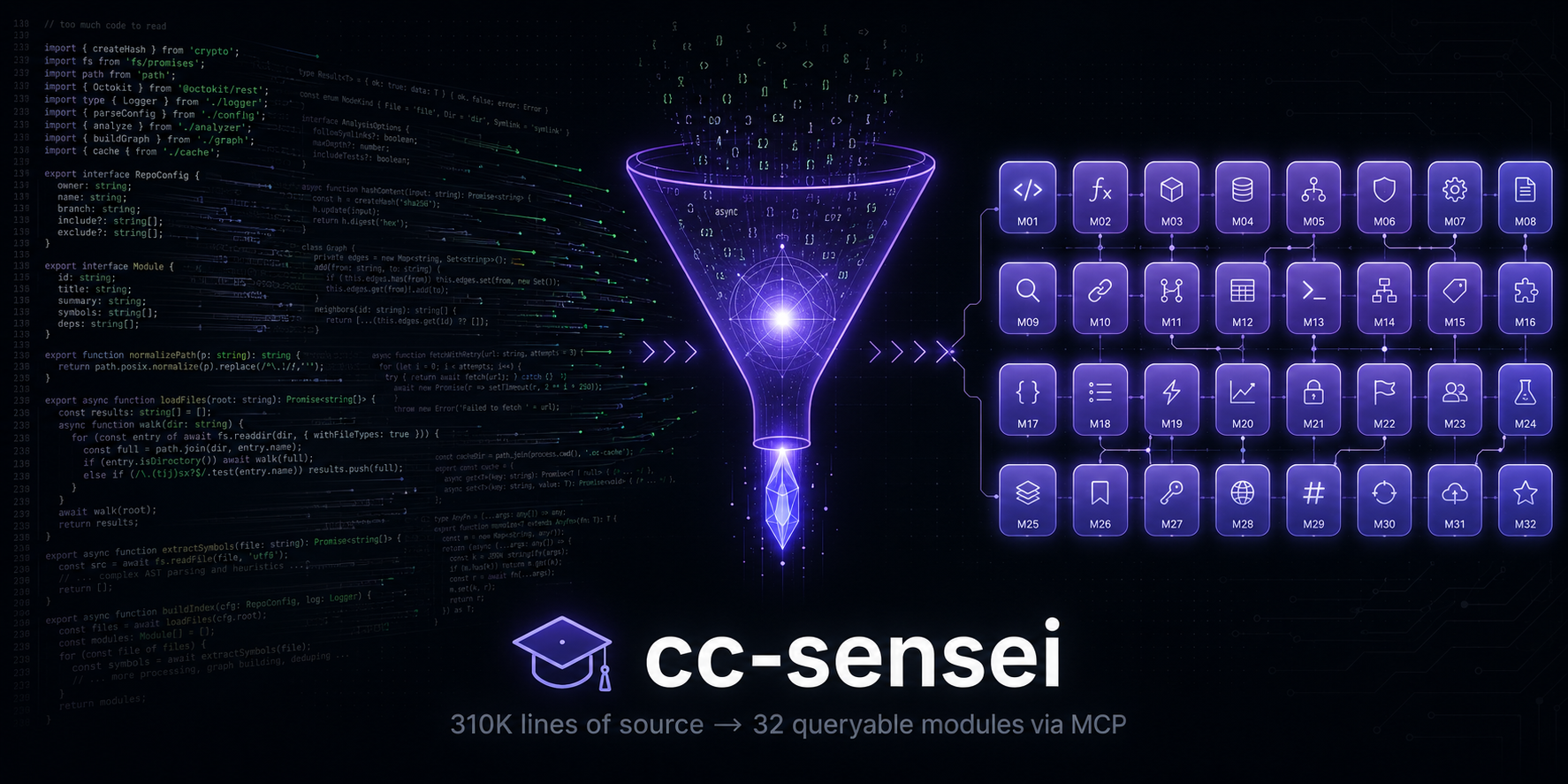 cc-sensei: 310K lines of source distilled into 32 queryable modules via MCP