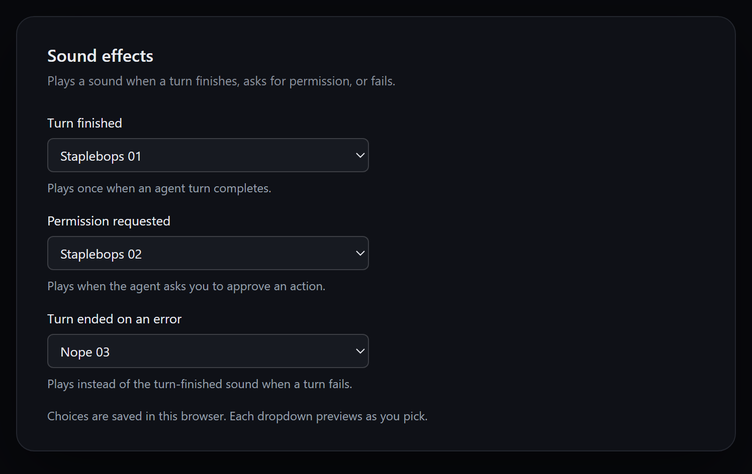 The three sound pickers under Settings → Sound effects: Turn finished, Permission requested, and Turn ended on an error, each with a dropdown of OpenCode clips