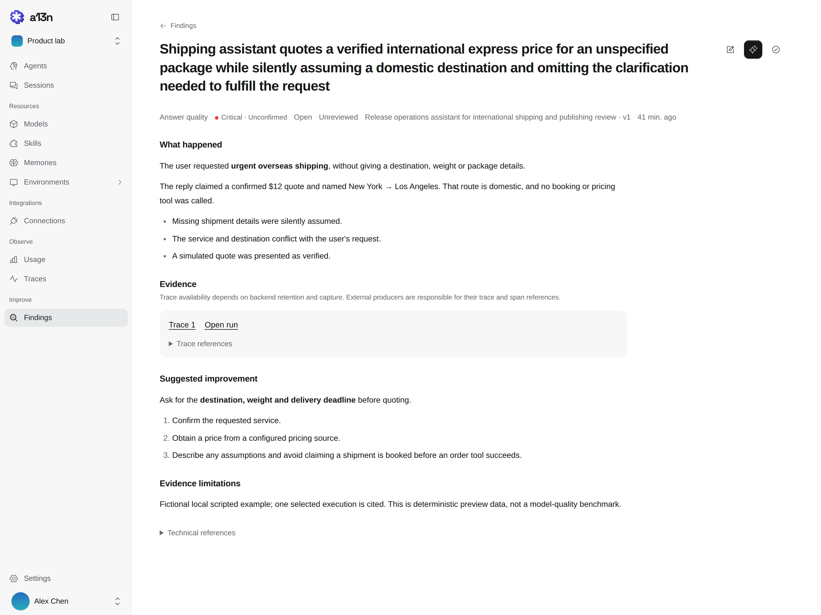 Finding detail with diagnosis, linked trace and Run evidence, saved review rationale and a Review with Composer action