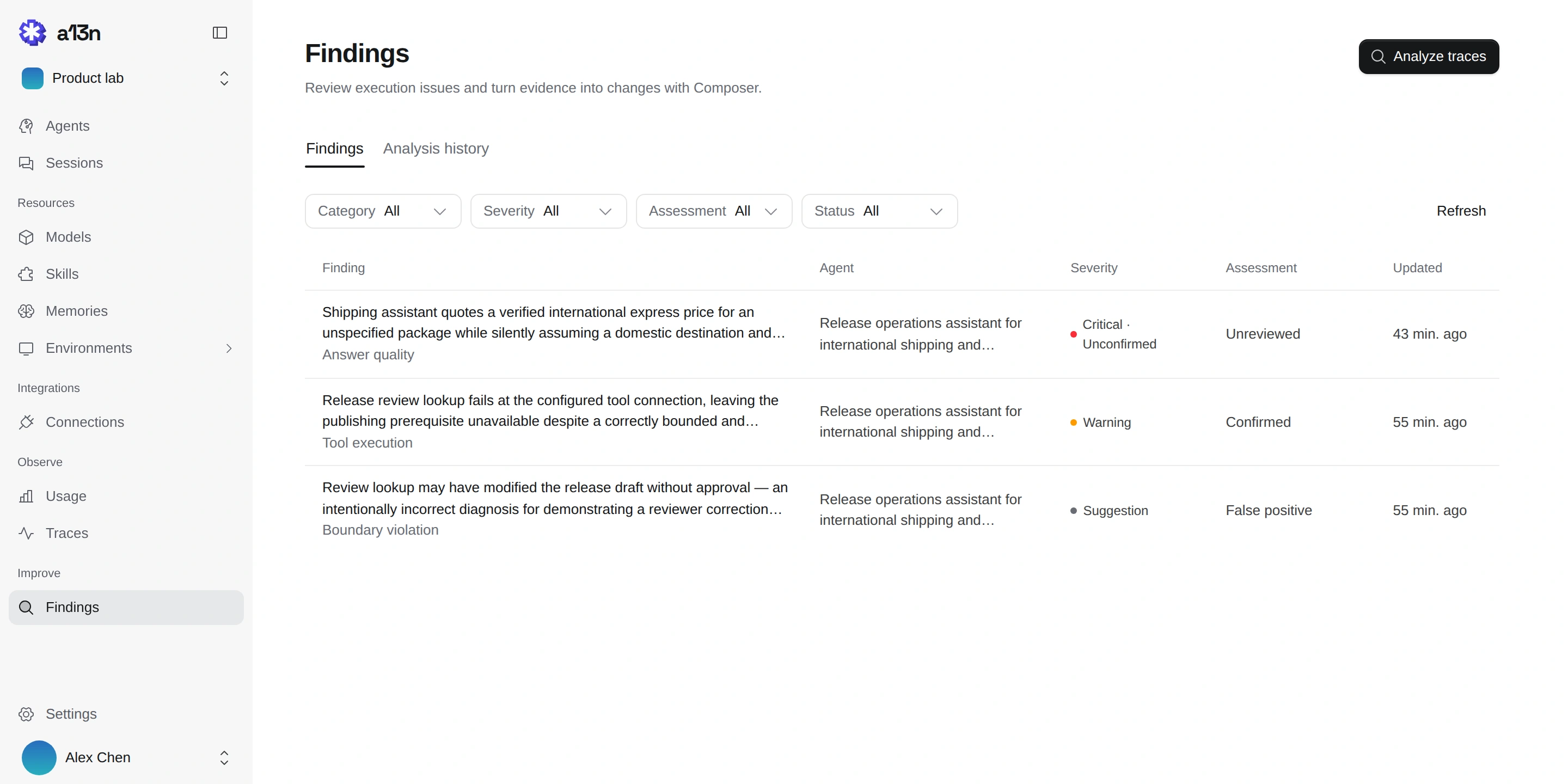 Findings list with long diagnostic titles, Agent names, severity and reviewer assessments