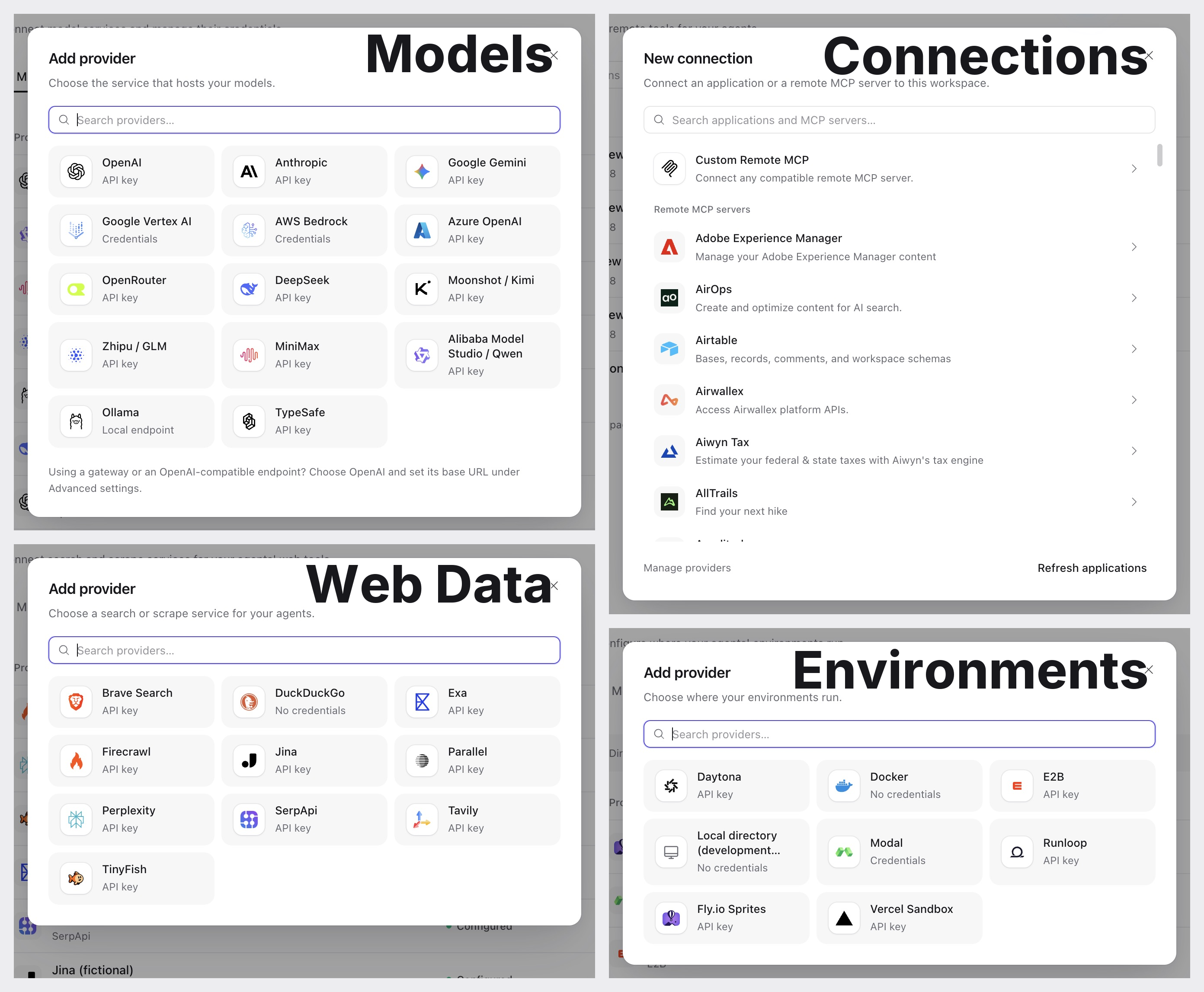 Console catalogs for Models, Web Data, Environments, and Connections