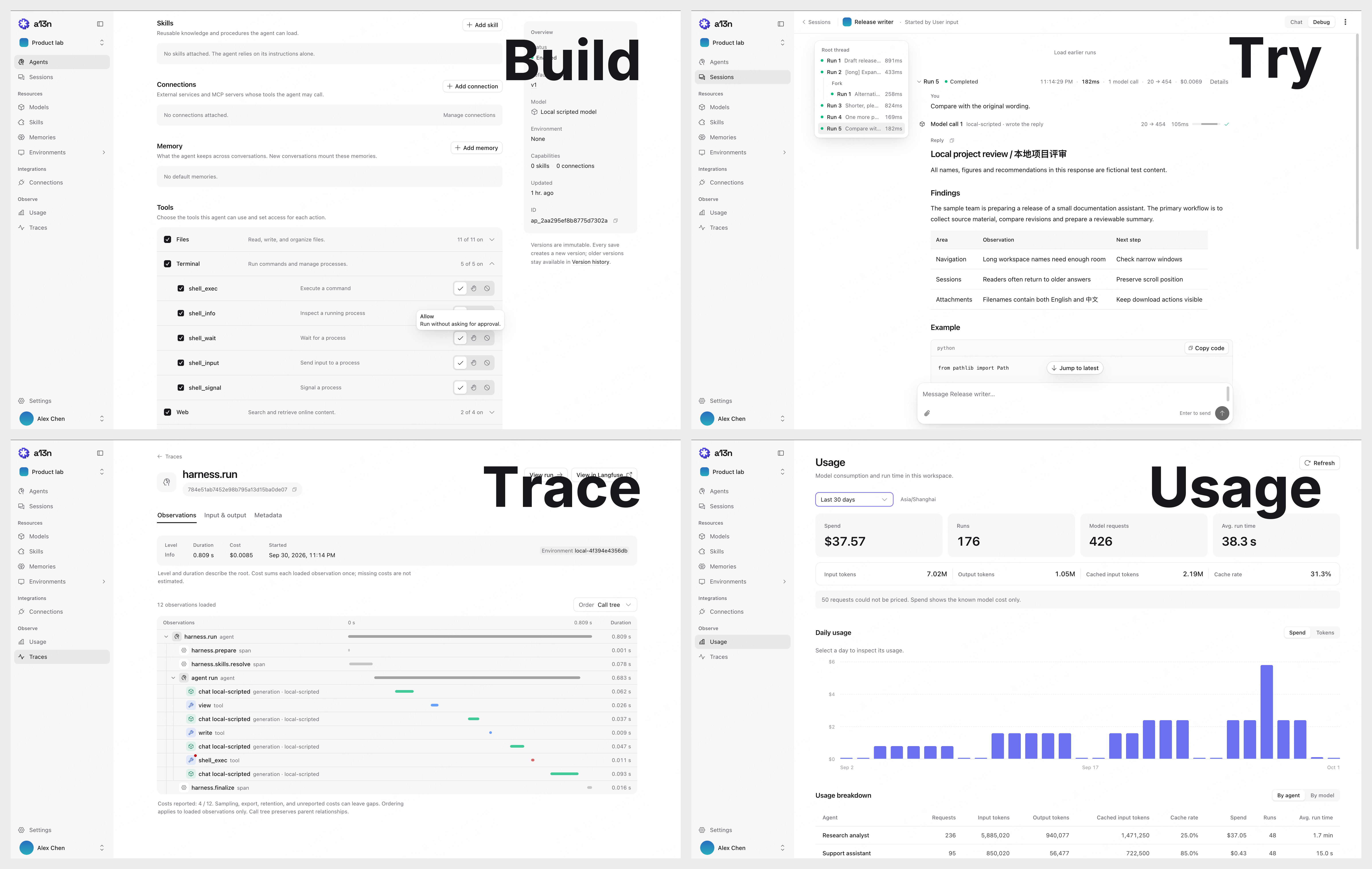 Console: build agents, try runs, inspect execution traces, and monitor usage