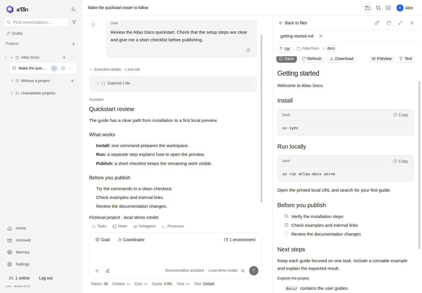 Harness UI showing an agent reviewing a project's quickstart alongside its Markdown preview