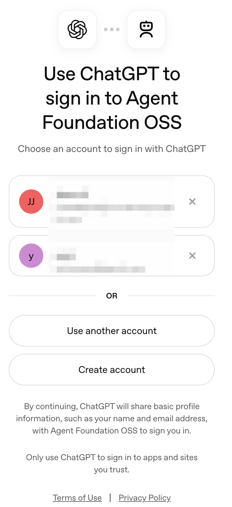 OpenAI sign-in page for Agent Foundation OSS, with account details obscured