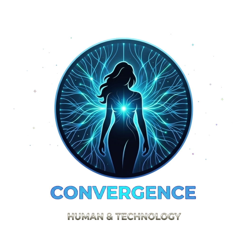 Logo Convergence Human and Technology - Silhouette humaine stylisée entourée de connexions neurales lumineuses dans un cercle. Symbole de la convergence entre l'humain et la technologie.