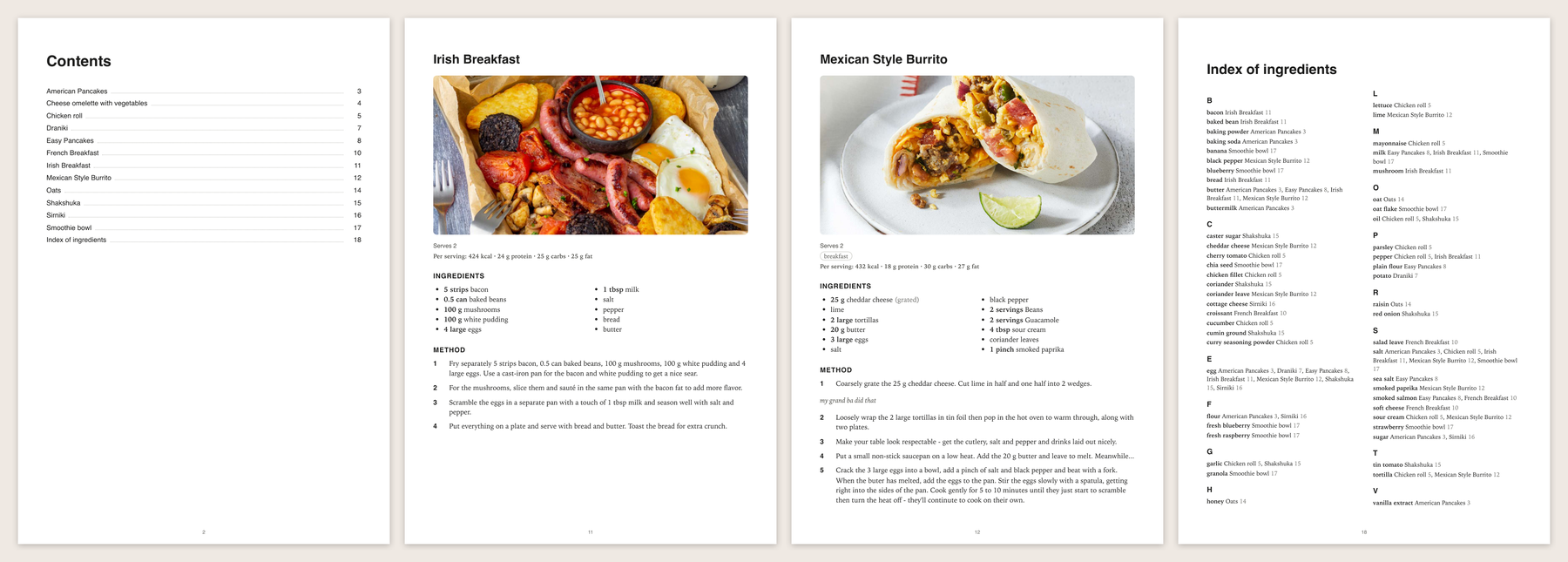 Pages from an exported cookbook: contents with page numbers, two recipe pages with photos, and the ingredient index