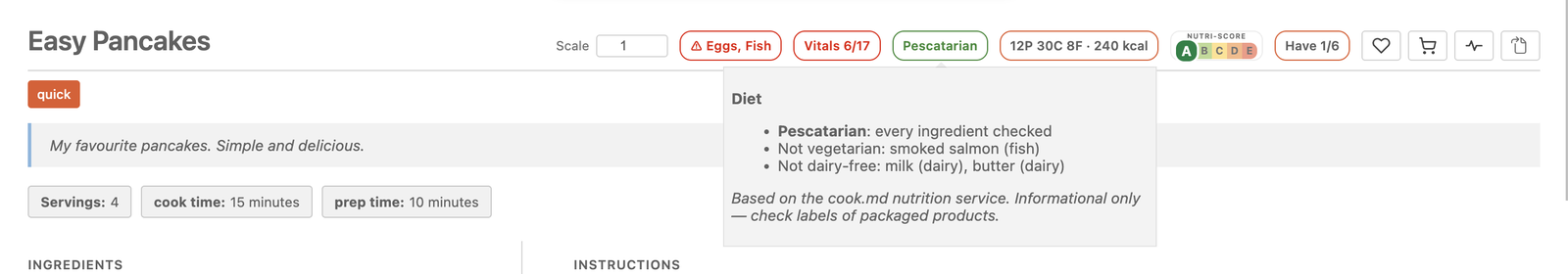 Pescatarian badge on a recipe preview with its hover explaining which diets fit and why