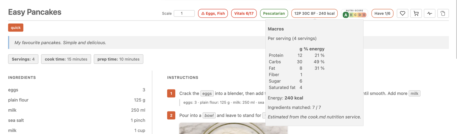 Macros pill on a recipe preview with its hover showing protein, carbs and fat per serving