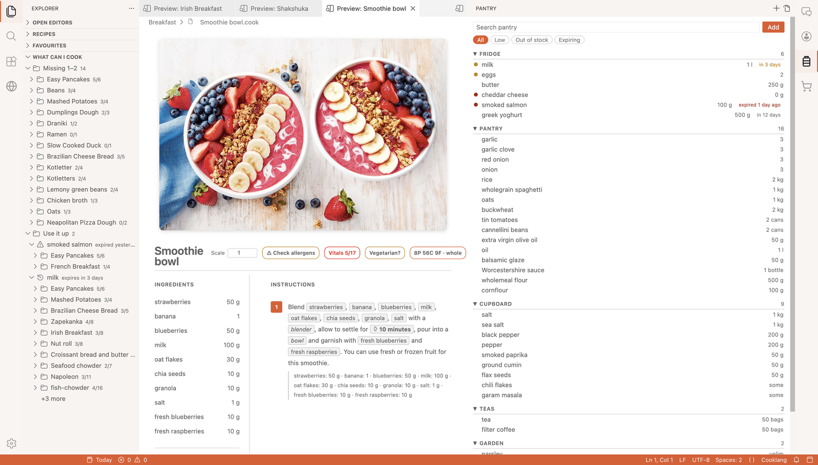 What can I cook view in the Explorer, grouped by missing ingredients and by pantry items to use up, next to the Pantry panel