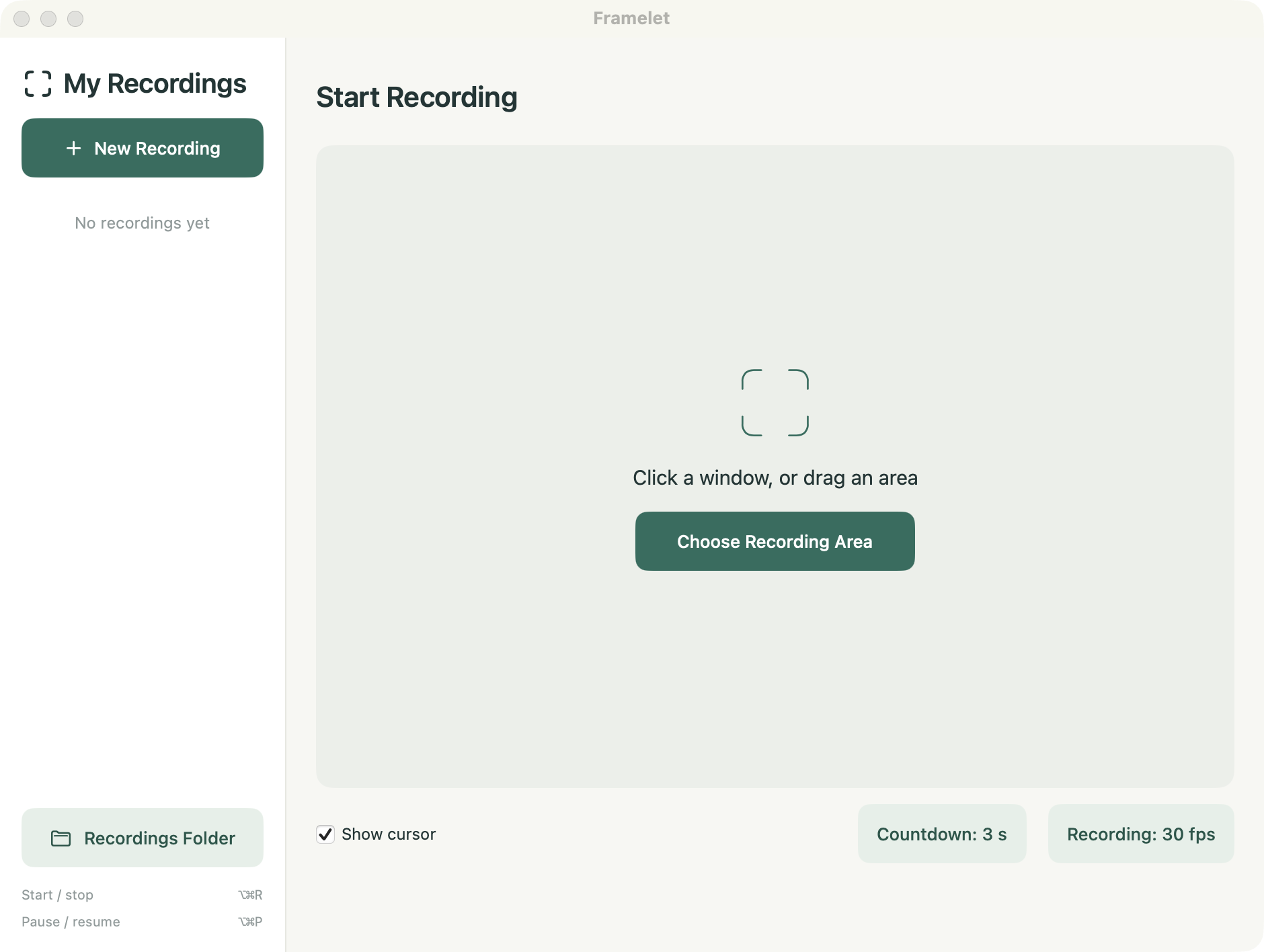 Framelet: choose a window or screen area, then preview and export recordings