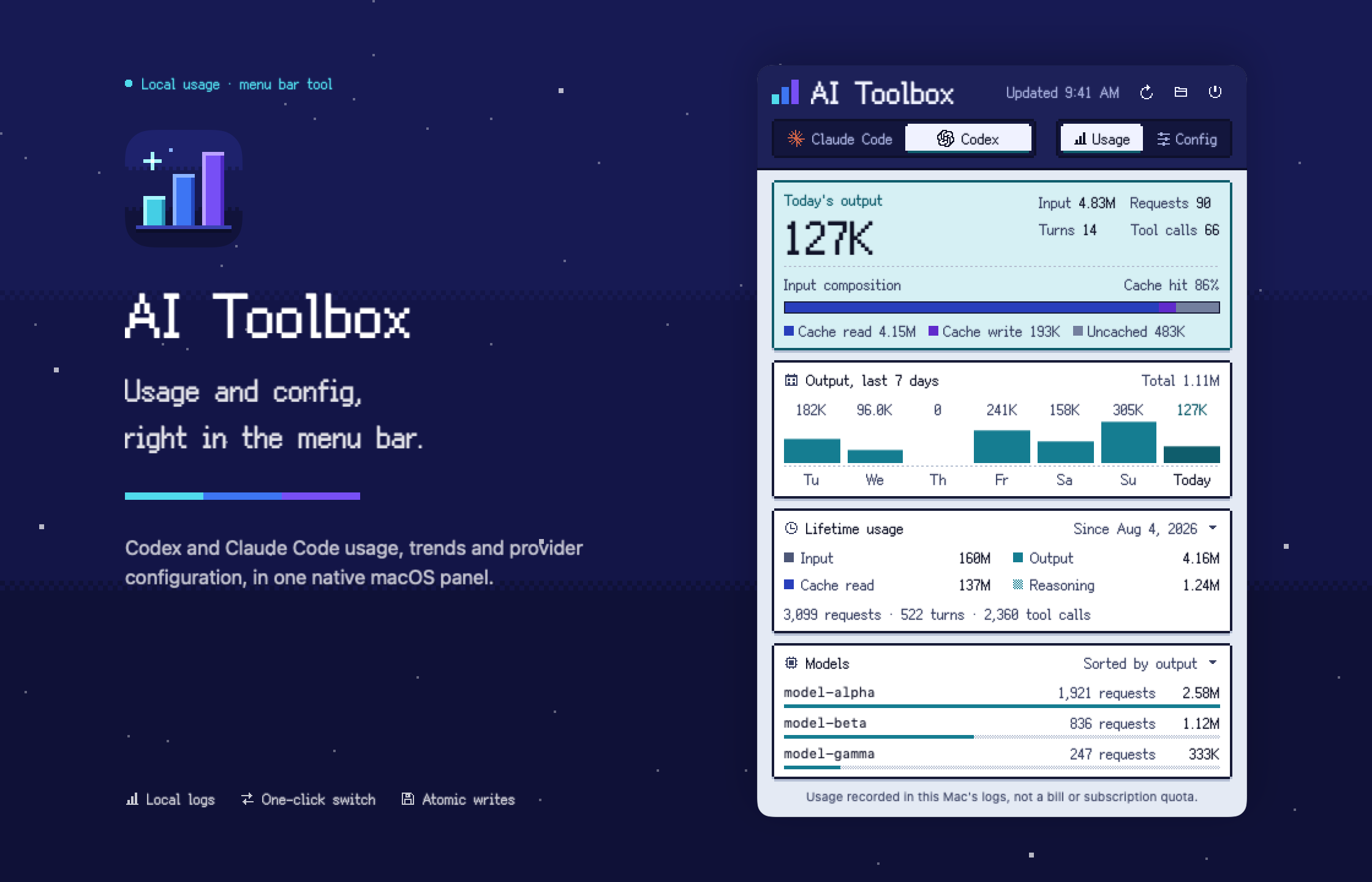 AI Toolbox hero: Codex and Claude Code usage and provider configuration in a pixel-styled menu bar panel