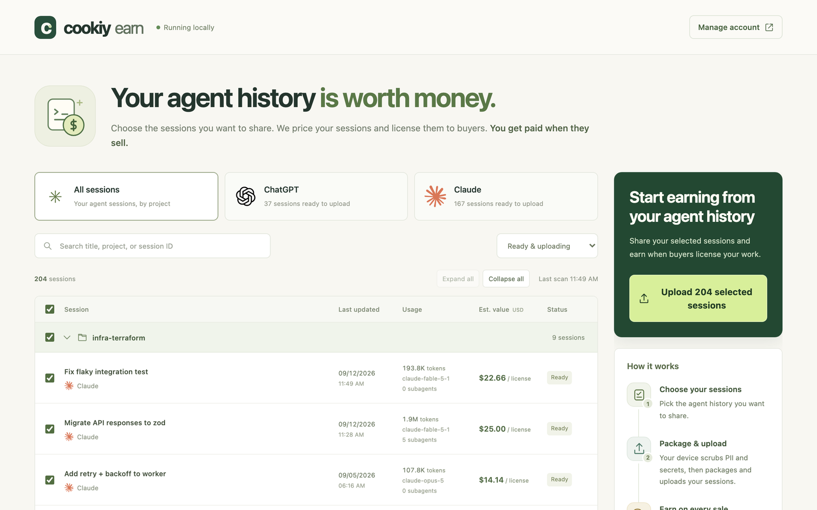 The local uploader: your sessions by project, estimated value per license, and a single upload button