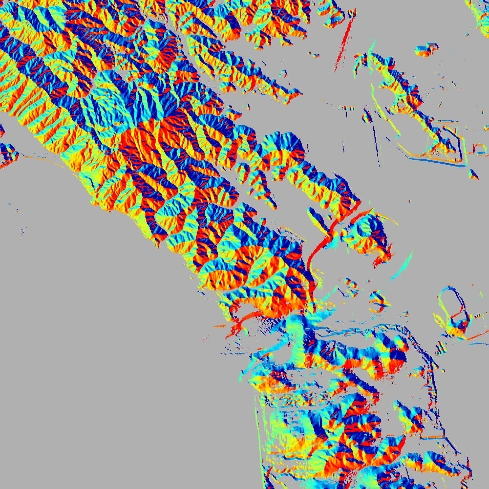 Aspect (slope-facing direction) raster over the San Francisco DEM, jet colormap, flat areas masked gray