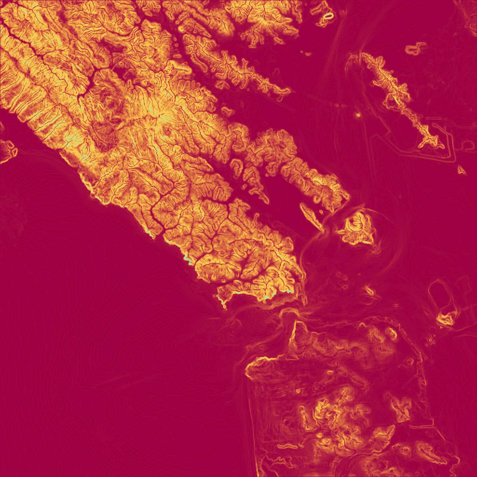 Slope-angle raster over the San Francisco DEM, spectral colormap