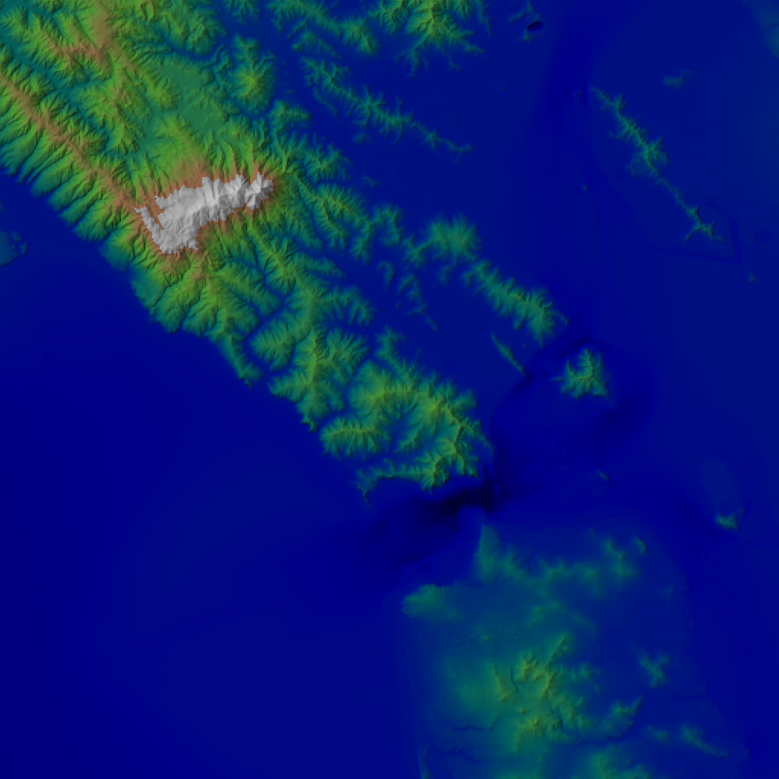 Multidirectional hillshade multiply-blended with a terrain colormap over the San Francisco DEM