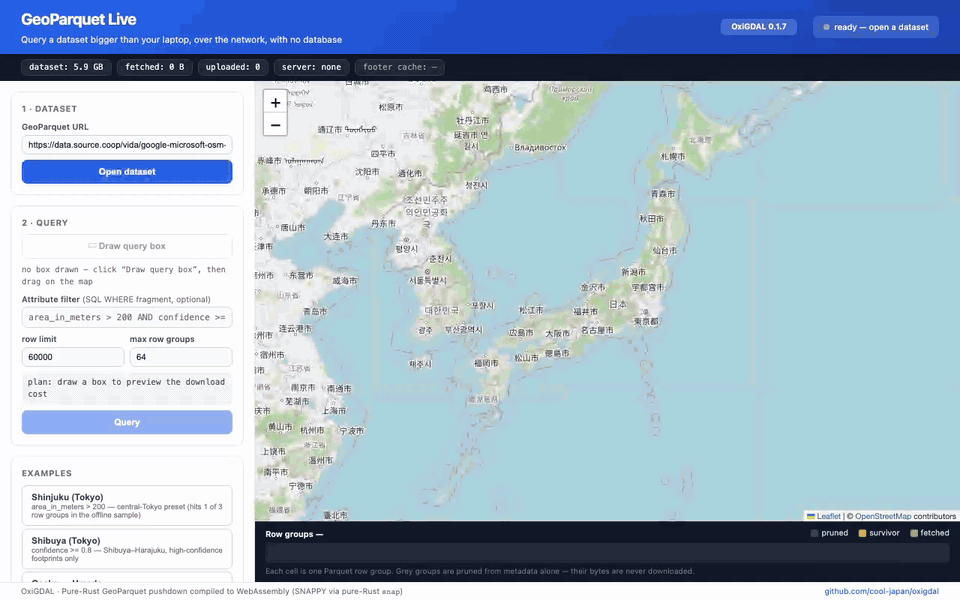 GeoParquet Live demo: dragging a query box over Tokyo while the plan preview updates, then running the query — the row-group strip lights up the surviving row groups and buildings render on the map.