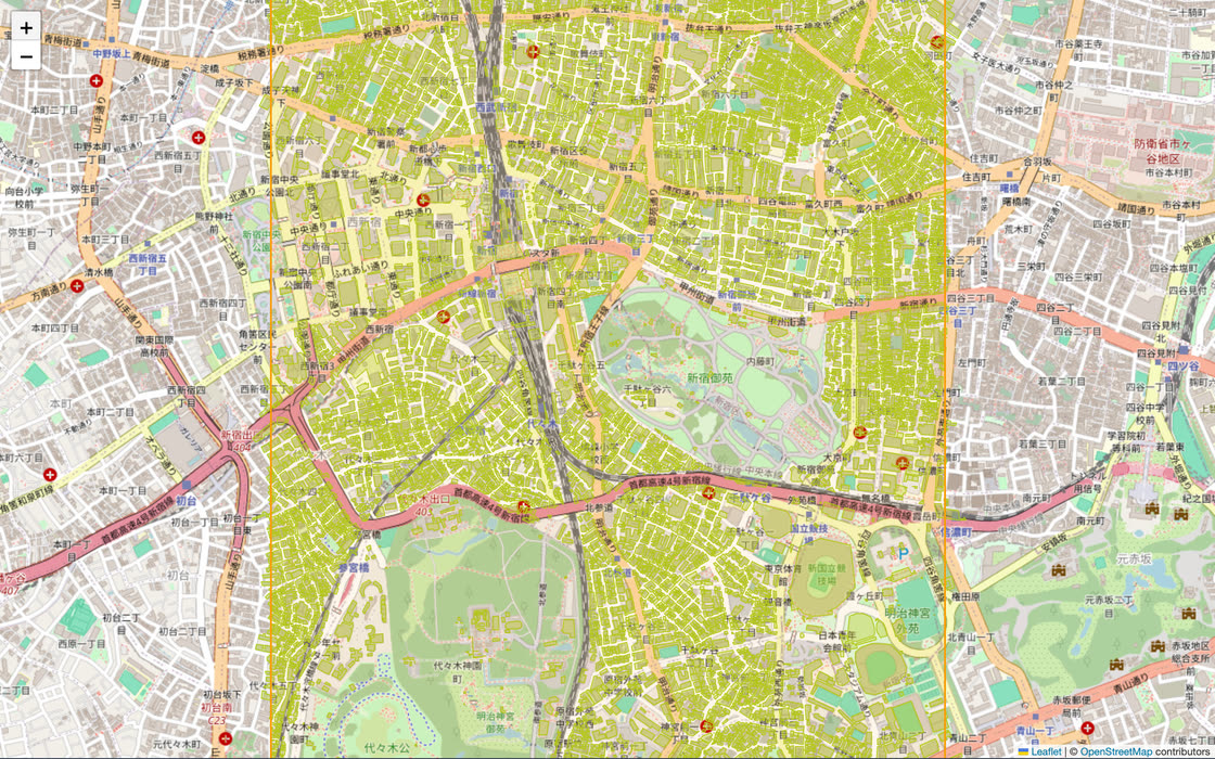 Query results: building footprints rendered on the map, colored by dataset confidence