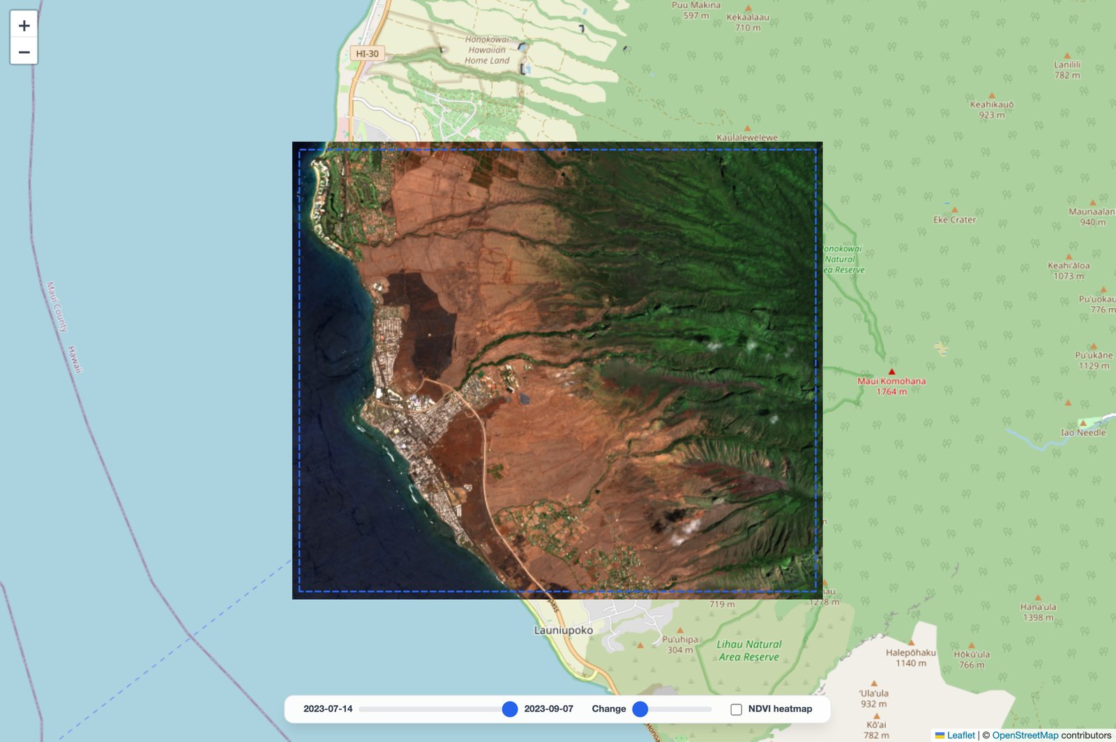 Sentinel-2 true-color scene of Lahaina after the August 2023 wildfire