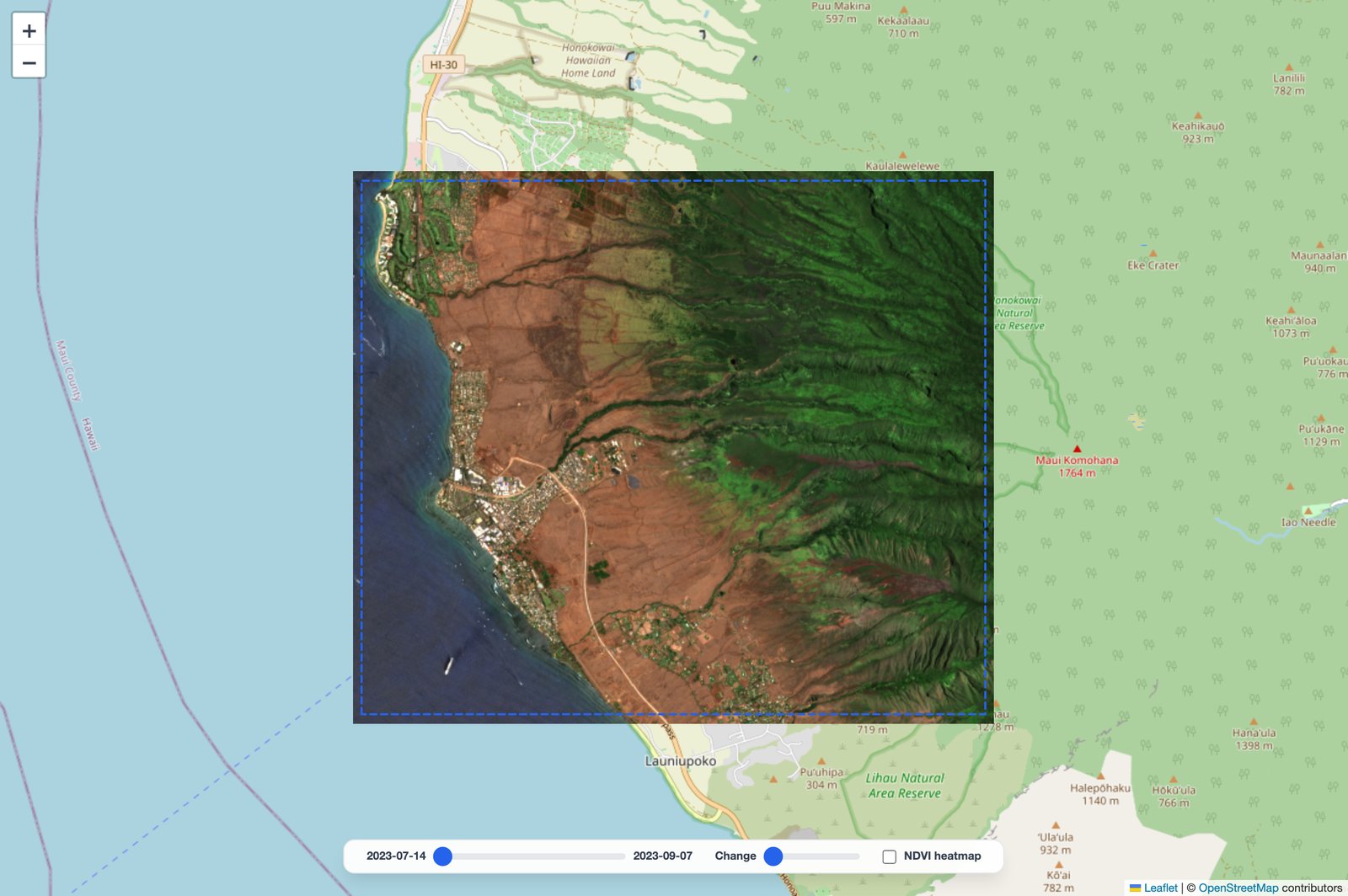 Sentinel-2 true-color scene of Lahaina before the August 2023 wildfire