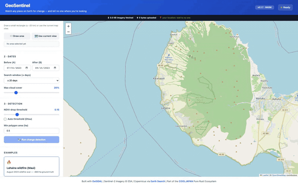 GeoSentinel demo: drawing an area of interest over Lahaina, running change detection, then crossfading the before/after true-color scenes with the detected burn-scar polygons overlaid.