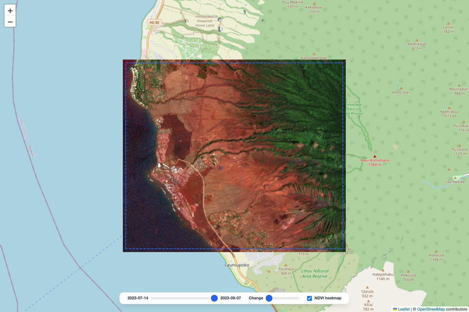 NDVI-drop heatmap between the two Lahaina scenes, red marking vegetation loss