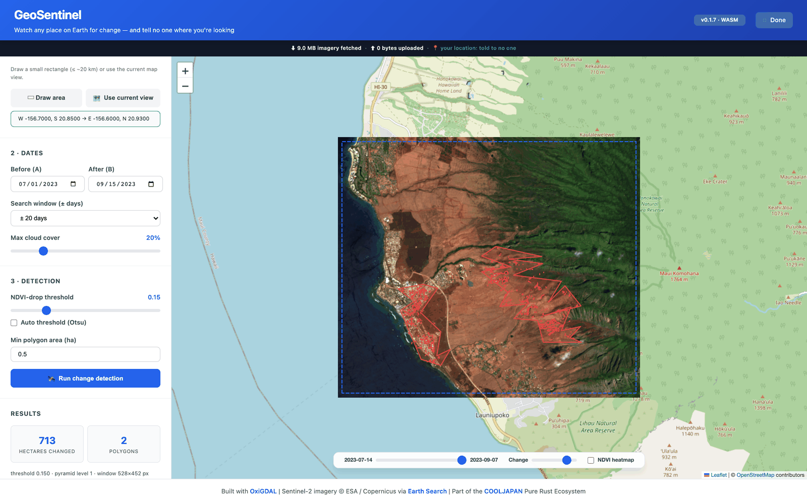 OxiGeo GeoSentinel — Sentinel-2 change detection running entirely in the browser: NDVI-drop polygons over the Lahaina wildfire burn scar