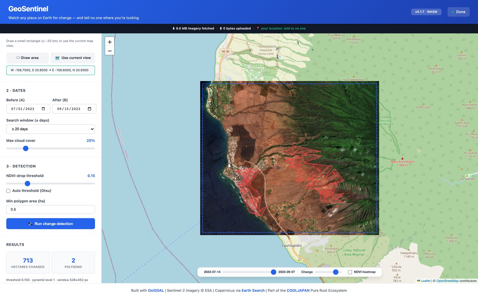 Vectorized change polygons with per-polygon hectare areas over Lahaina