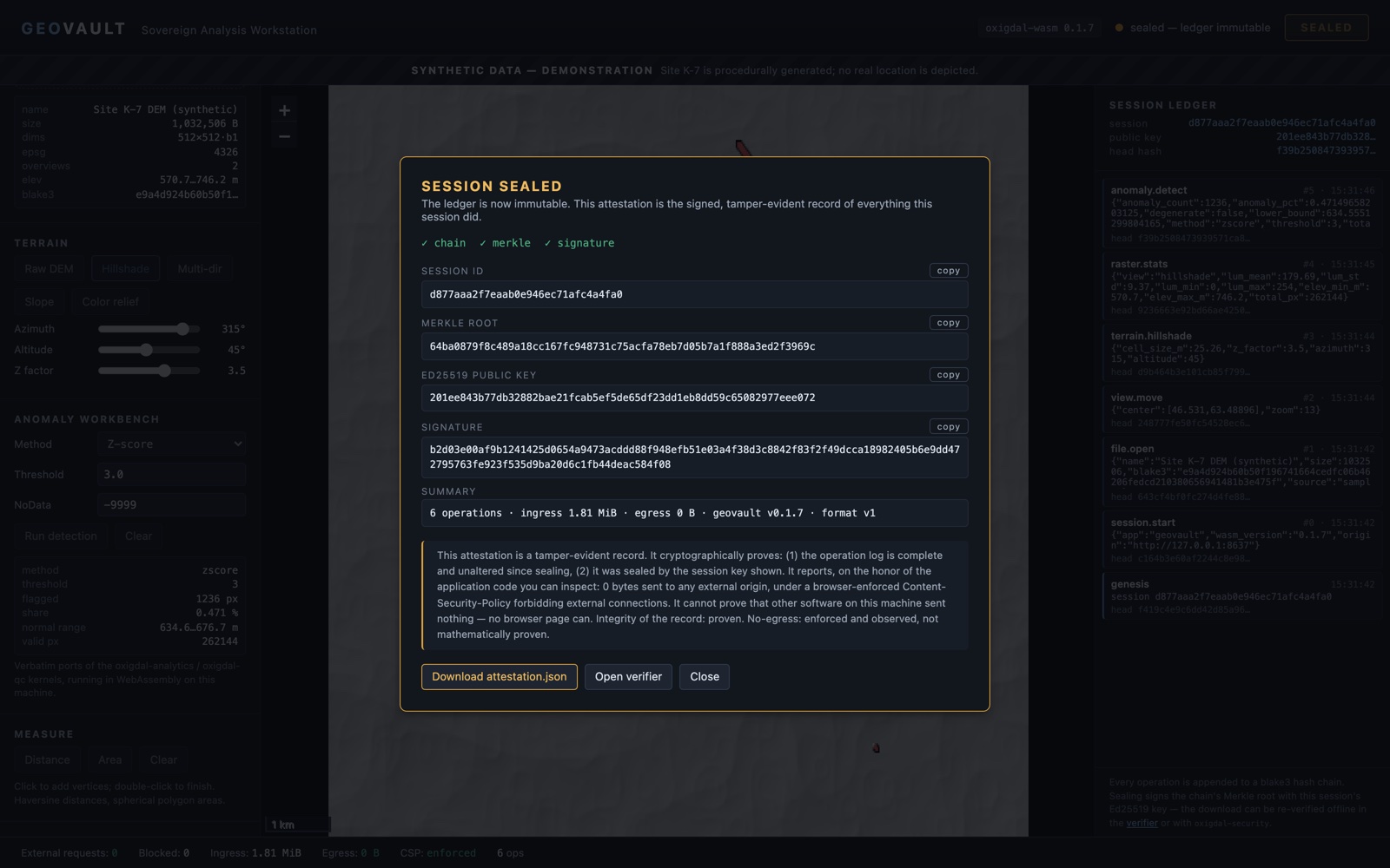 Seal-session modal showing Merkle root, public key, and Ed25519 signature with attestation download
