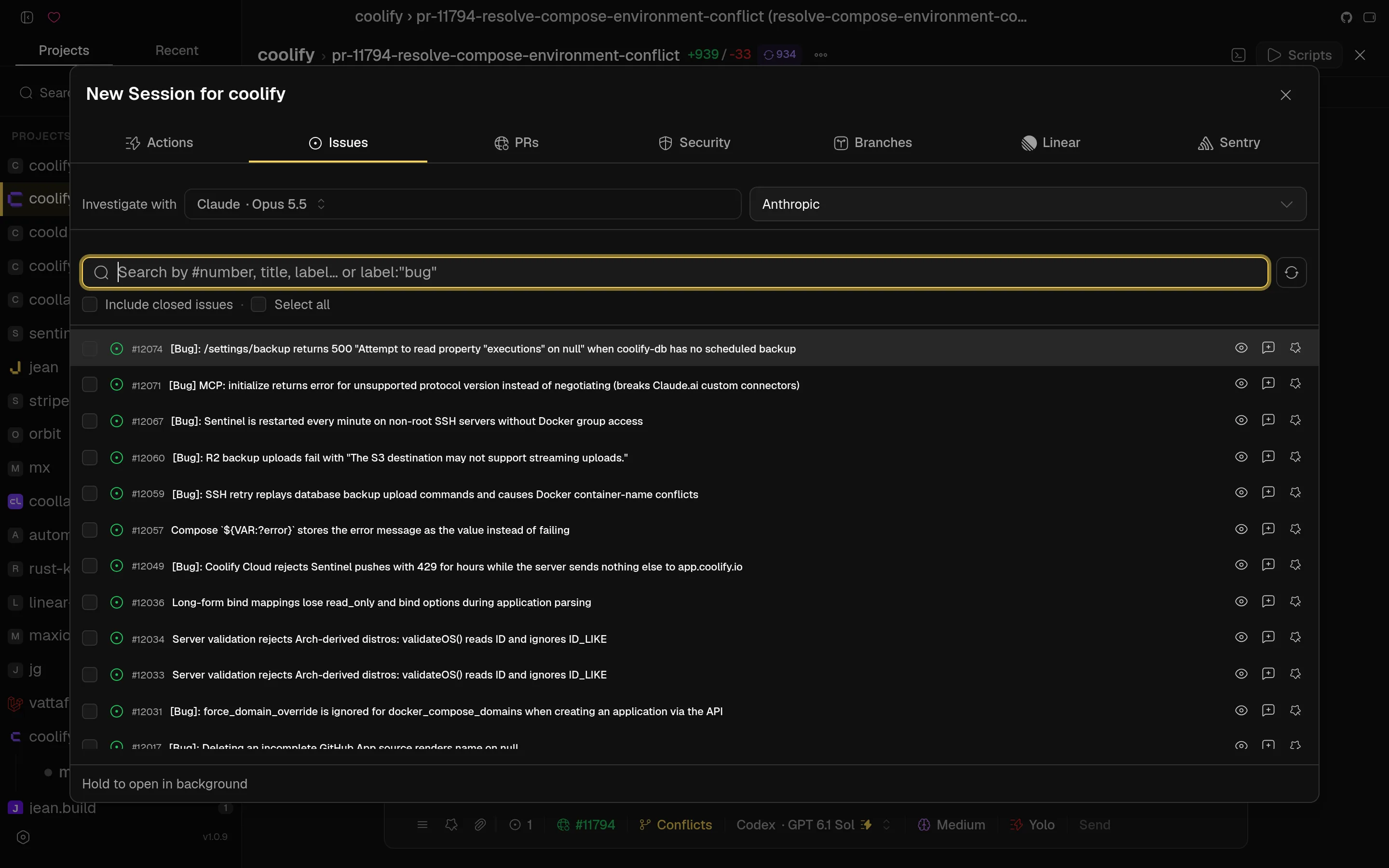 New session dialog with open GitHub issues
