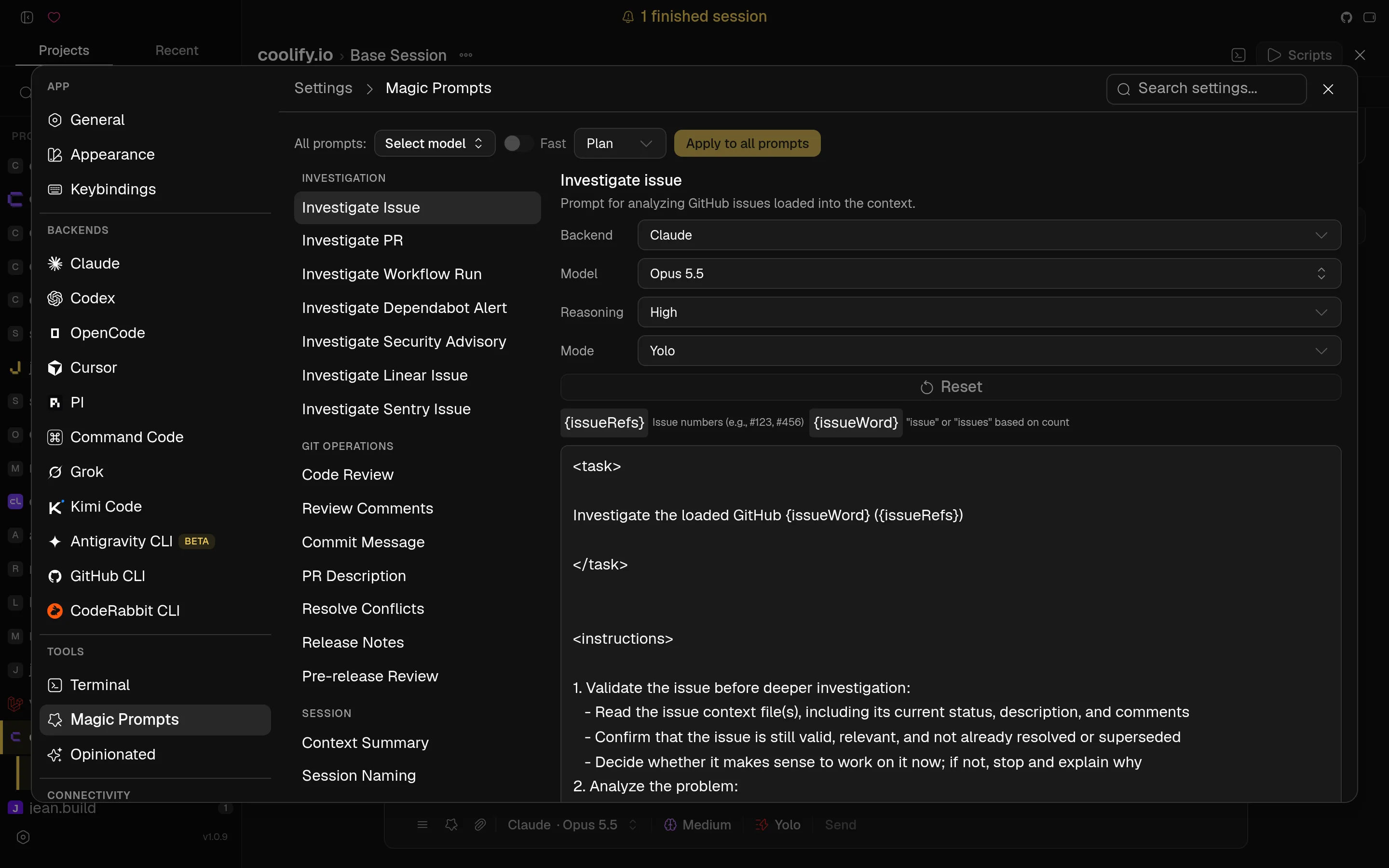 Magic Prompts settings with backend, model, reasoning and mode