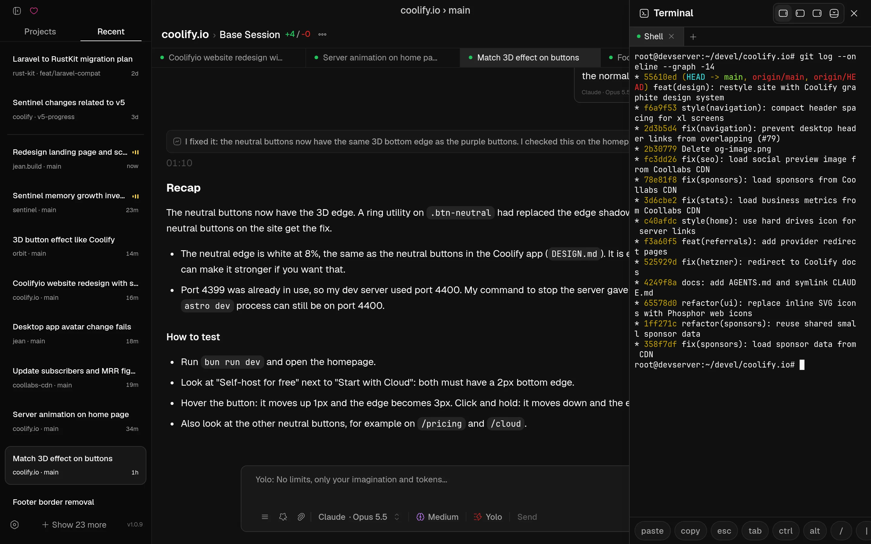 Terminal panel next to an agent session