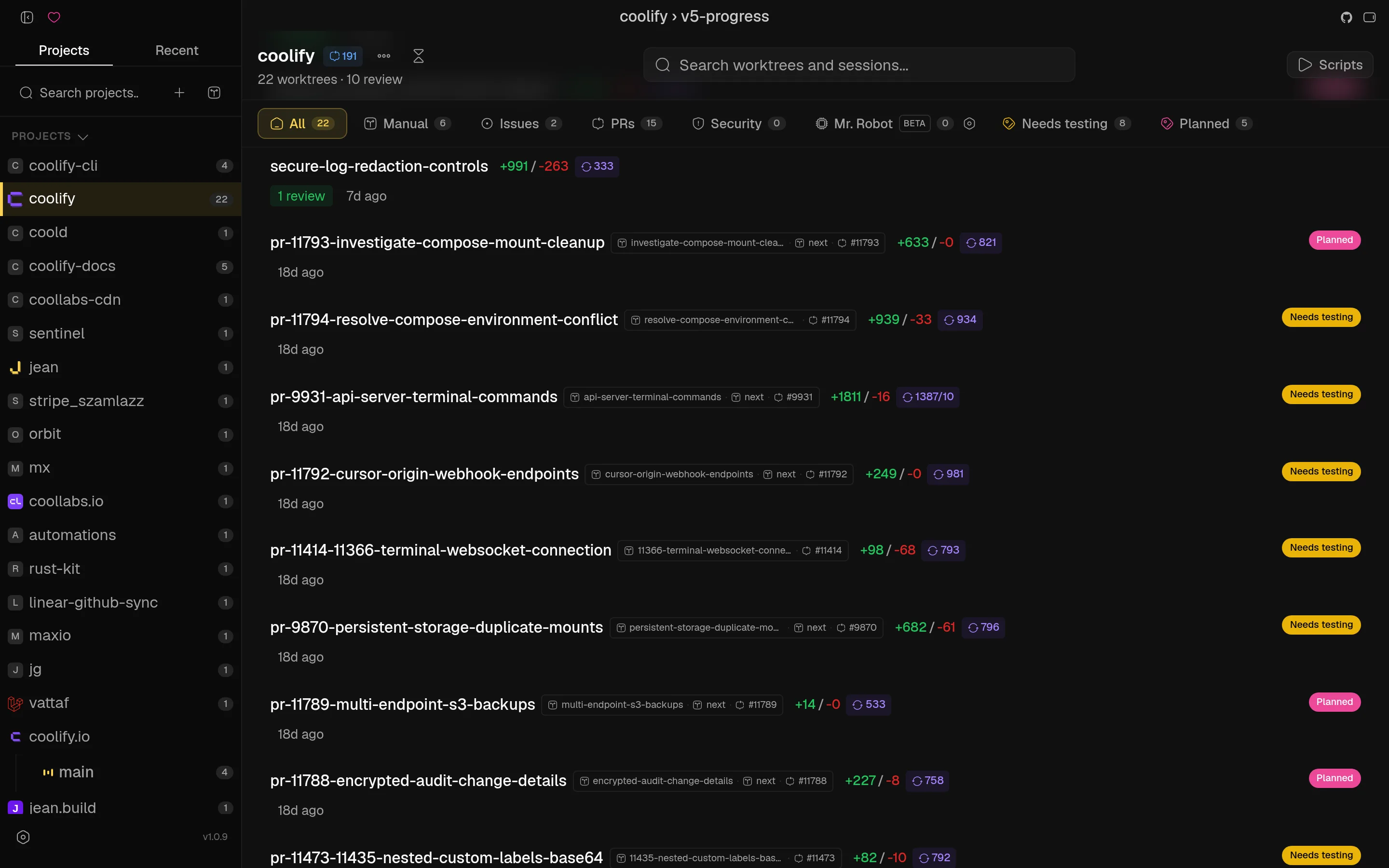 Project view with worktrees, linked pull requests, diff stats and labels