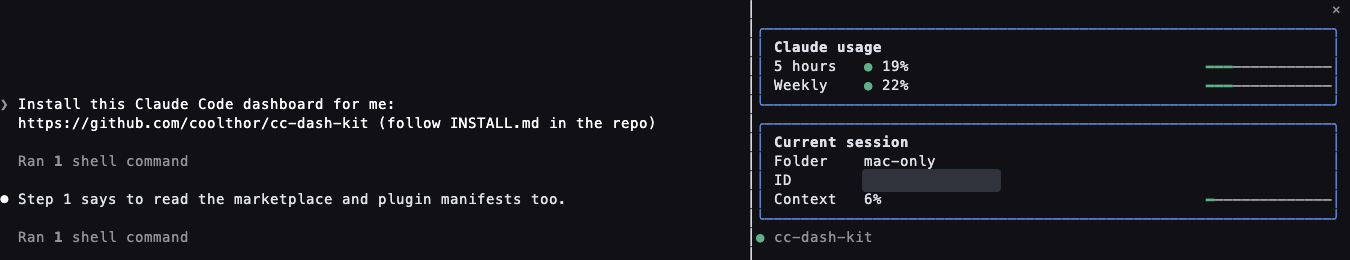 Claude Code conversation with the dashboard in a right-hand sidebar