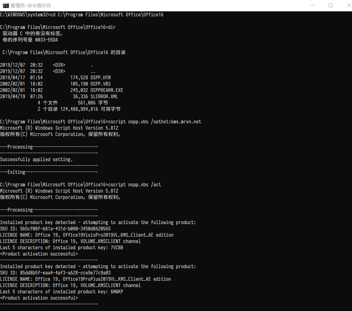 KMS激活office2019成功