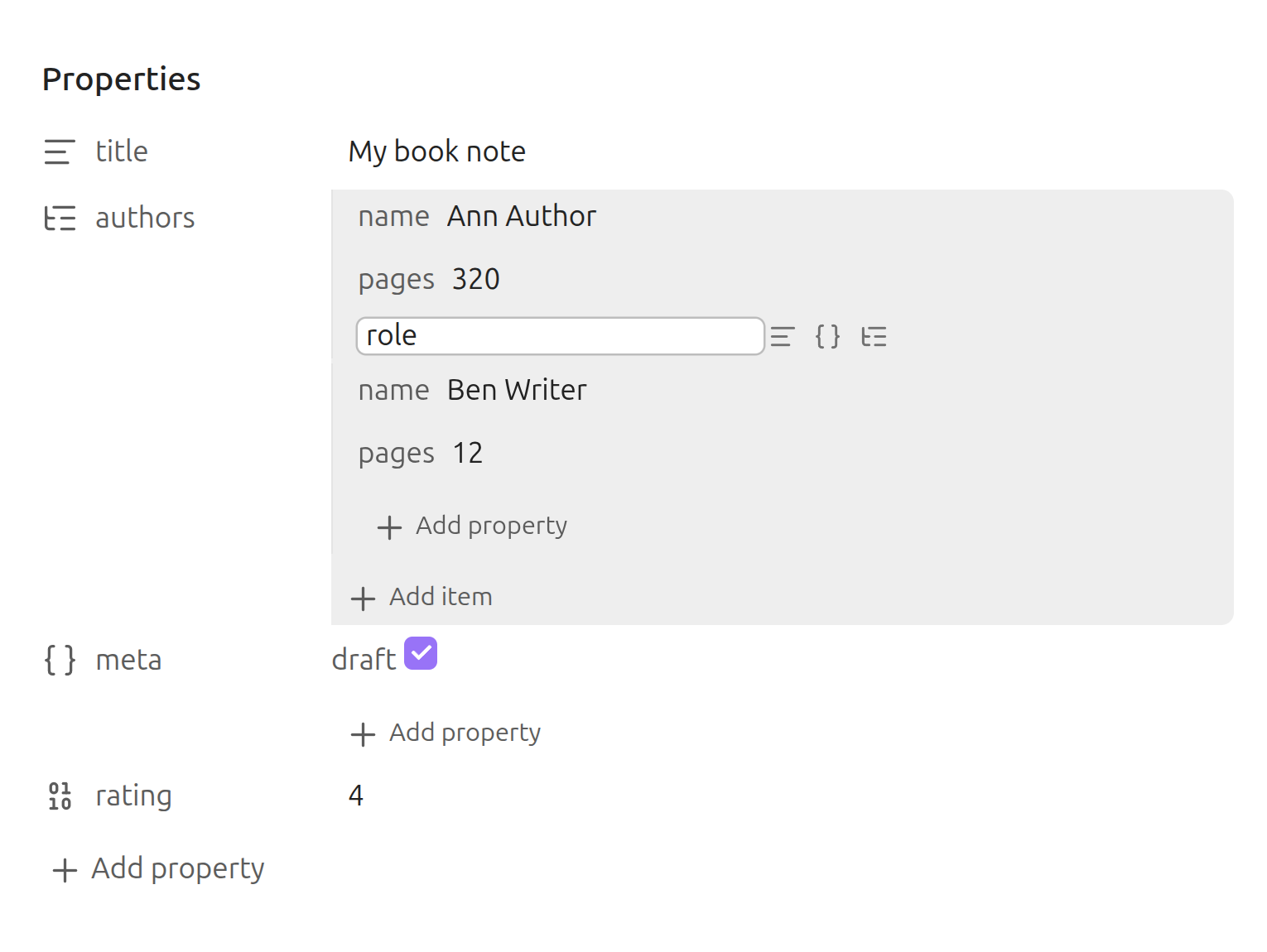 Inline add-property form inside an array item, with a key input and text/object/list type buttons
