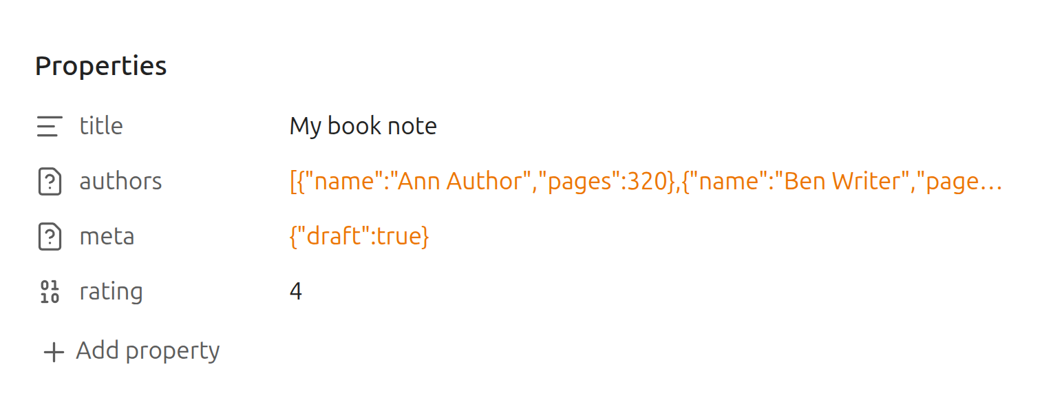 Properties panel without the plugin: authors and meta shown as raw JSON with unknown-type icons