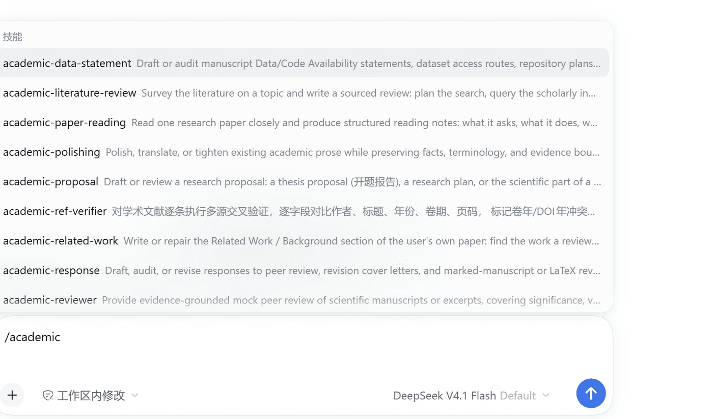 输入 /academic 列出内置技能