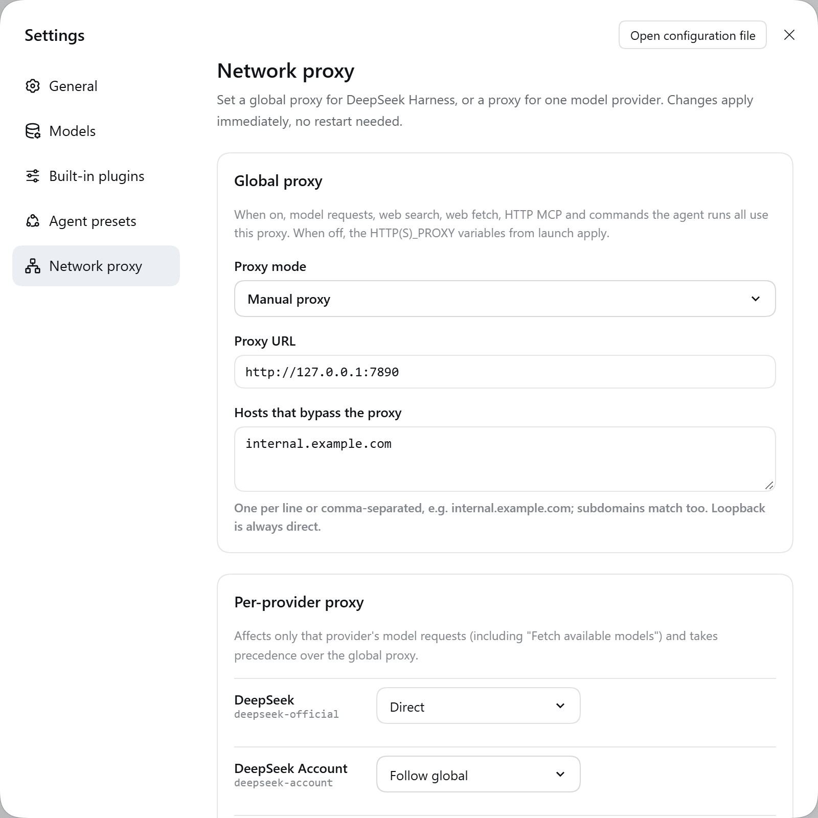 The Network proxy page in Settings: a global proxy, and per-provider rows set to Direct or Use proxy