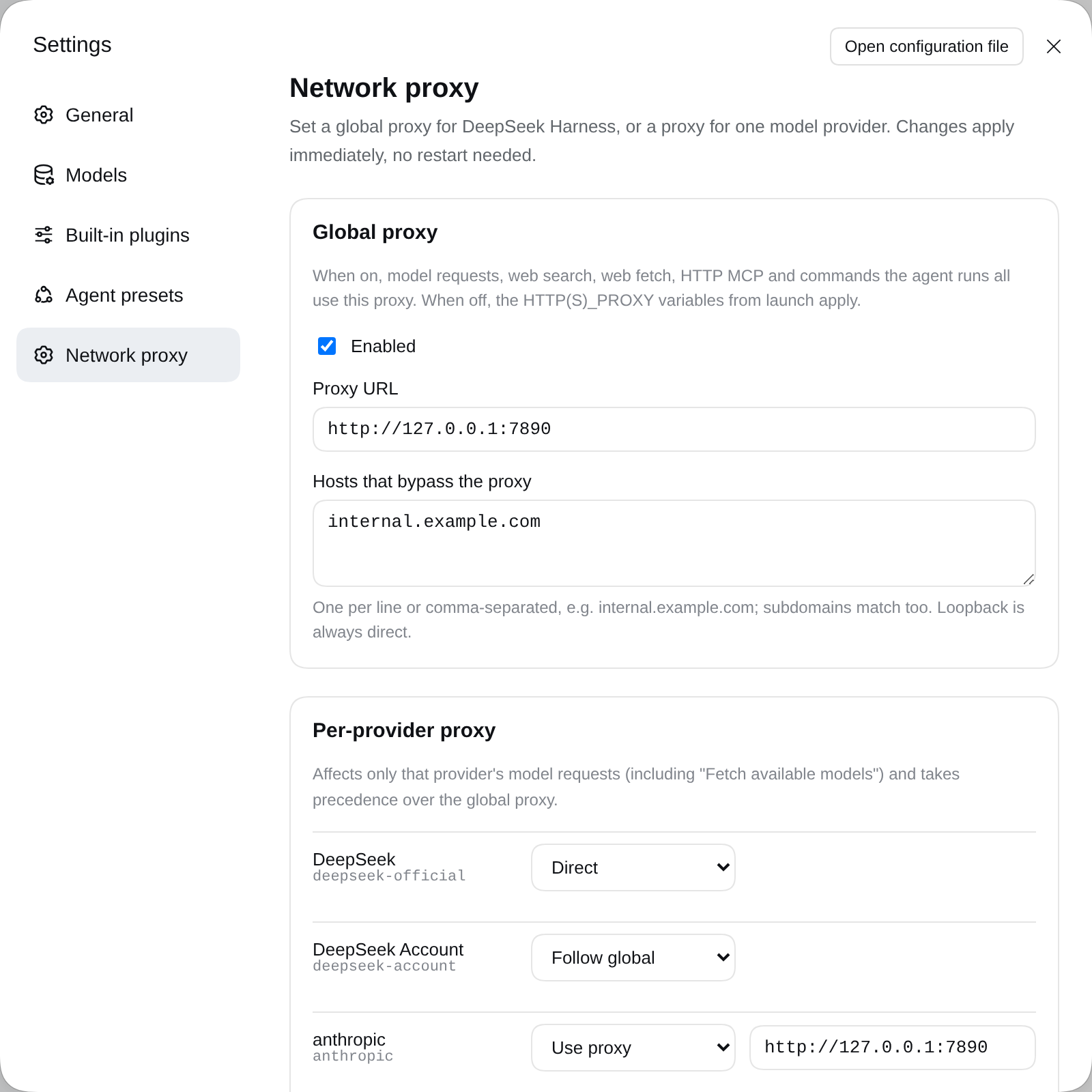 The Network proxy page in Settings: a global proxy, and per-provider rows set to Direct or Use proxy