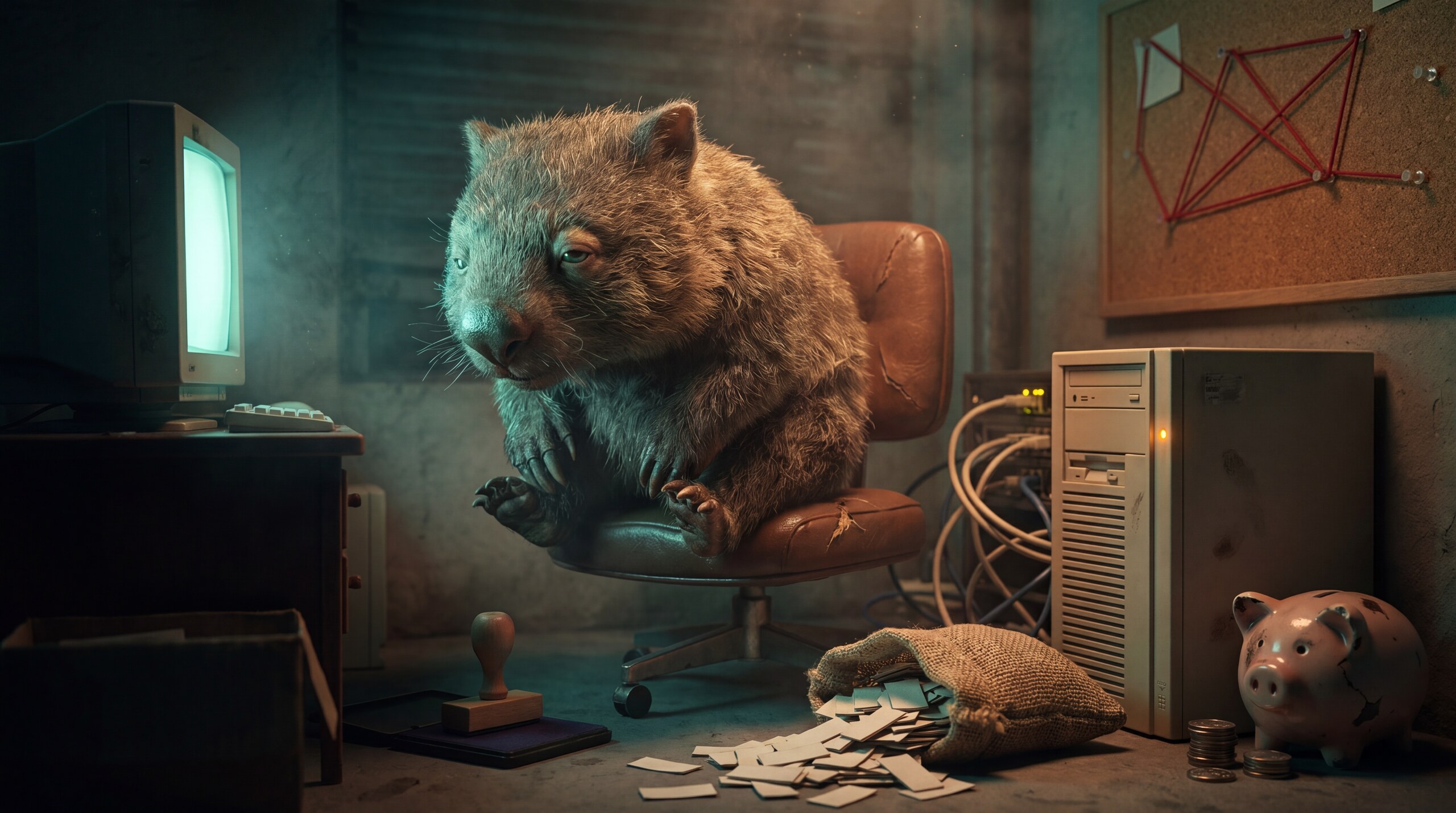 A weary wombat running a spam operation from a basement server desk