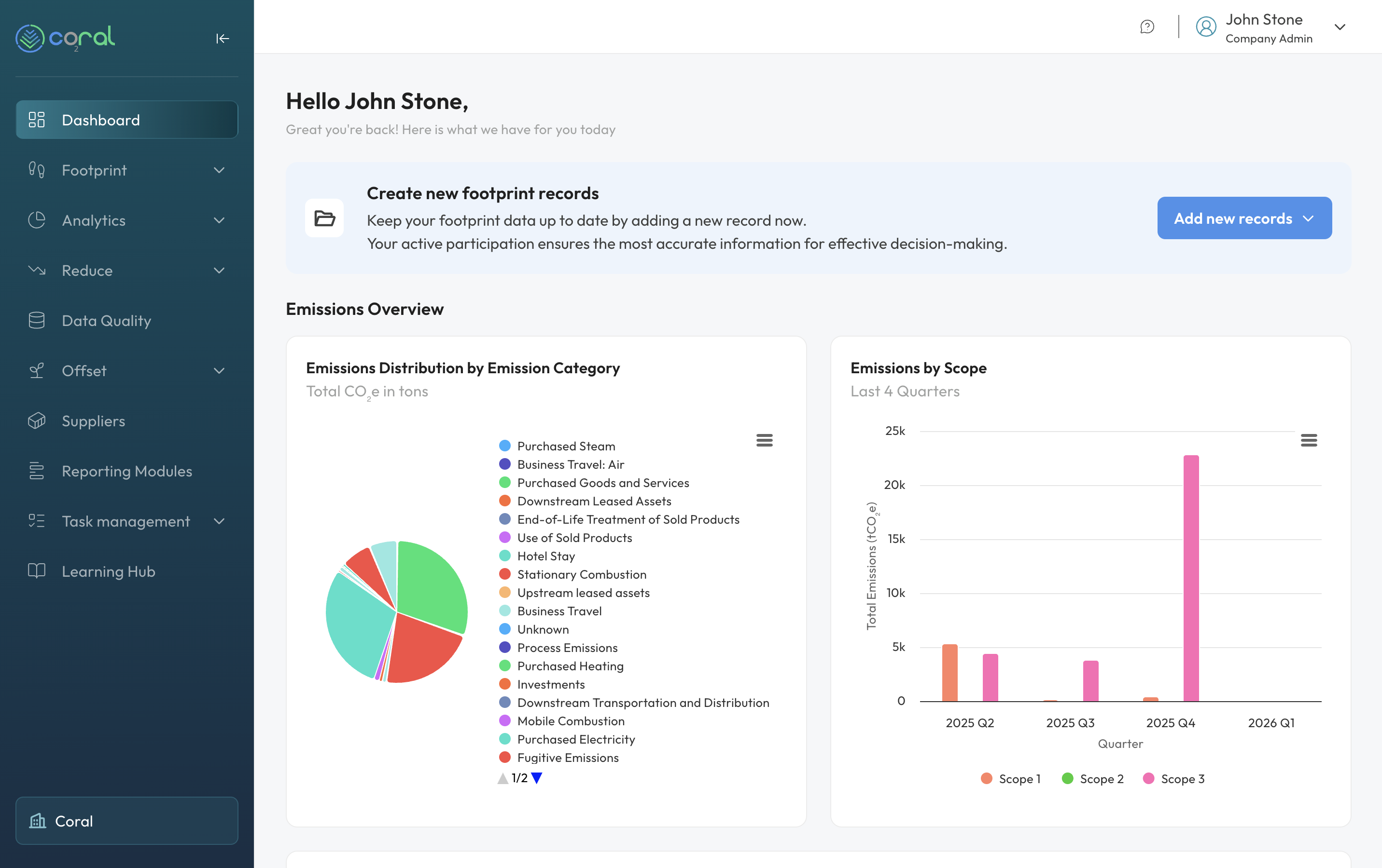 Coral platform preview: emissions overview, category breakdown, and Scope 1, 2, and 3 trends